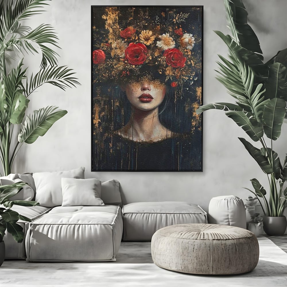 Tablou canvas cu tablou canvas cu portret de femeie si trandafiri rosii, in rama de aluminiu negru, pe perete intr-un living